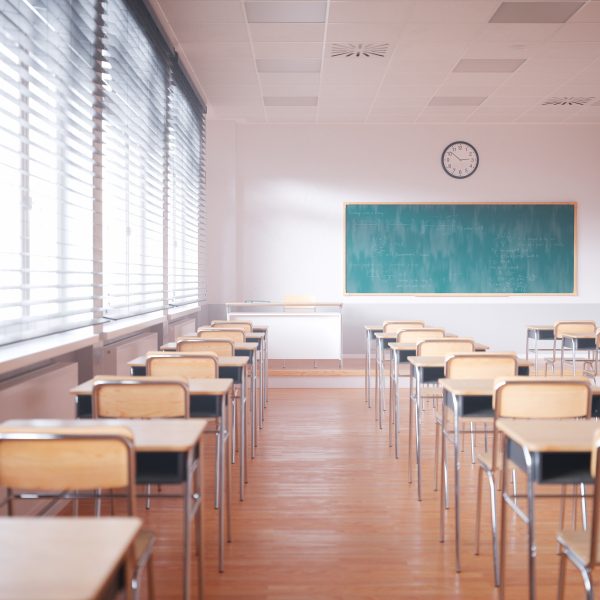 An,Elegantly,Empty,,Modern,Classroom,Featuring,Wooden,Desks,,A,Prominent